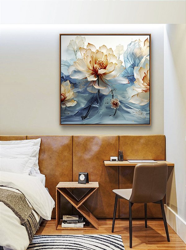 Quadro Quadrado Flores Brancas Douradas Azuis Delicadas Canvas Moldura