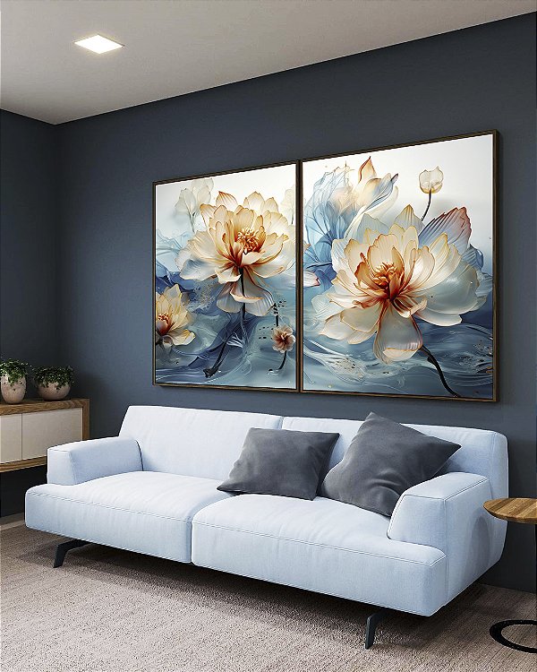 Duo de Quadros Flores Brancas Douradas Azuis Delicadas Canvas Moldura