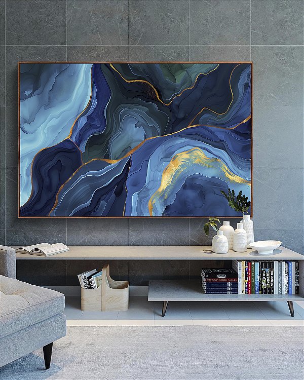 Quadro Horizontal Abstrato Azul Turquesa Dourado Arte Fluída Canvas Moldura
