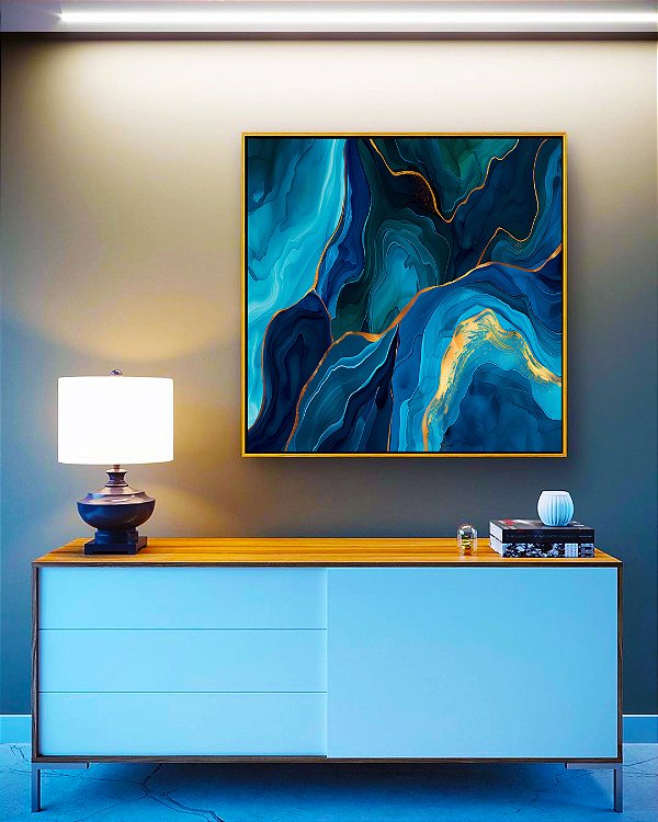 Quadro Quadrado Abstrato Azul Turquesa Dourado Arte Fluída Canvas Moldura