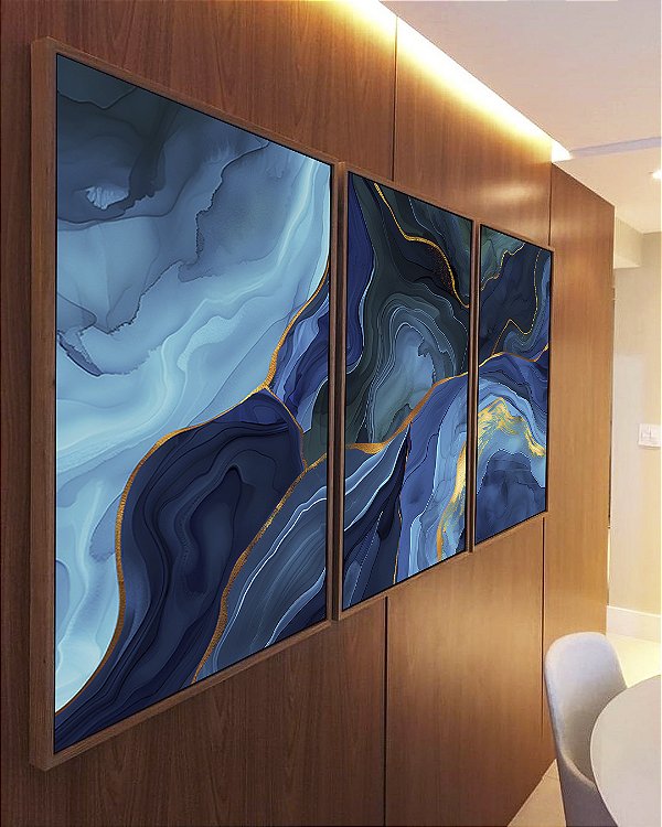 Trio de Quadros Abstrato Azul Turquesa Dourado Arte Fluída Canvas Moldura