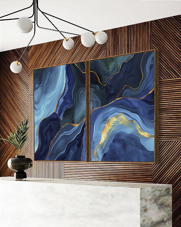 Duo de Quadros Abstrato Azul Turquesa Dourado Arte Fluída Canvas Moldura