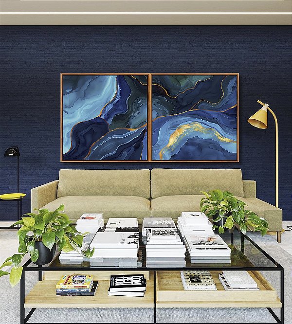 Duo de Quadros Quadrados Abstrato Azul Turquesa Dourado Canvas Moldura