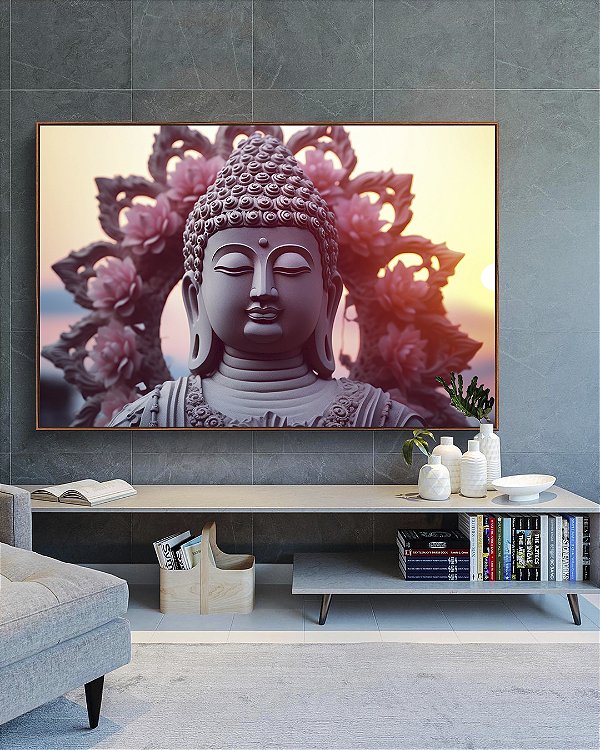Quadro Horizontal Buda Mandala Floral e Sol Entardecer Canvas Moldura