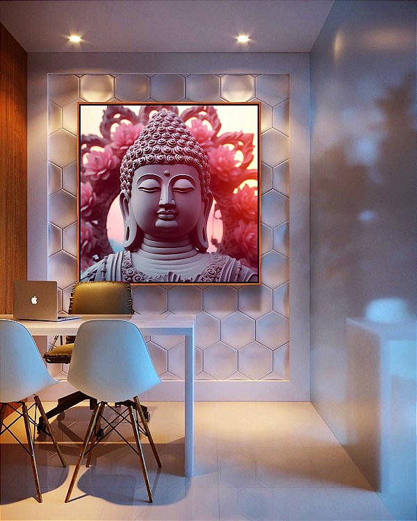 Quadro Quadrado Buda Mandala Floral e Sol Entardecer Canvas Moldura
