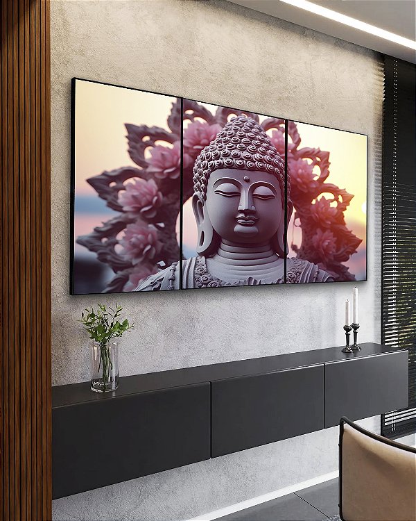 Trio de Quadros Buda Mandala Floral e Sol Entardecer Canvas Moldura