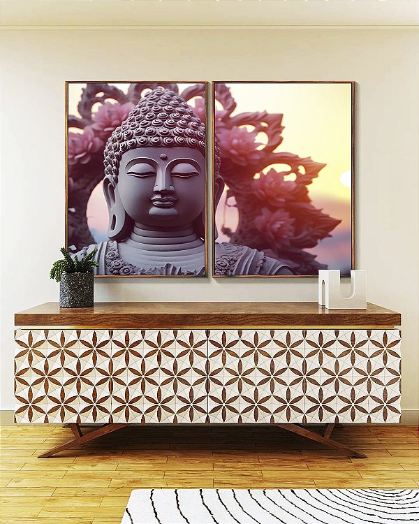 Duo de Quadros Buda Mandala Floral e Sol Entardecer Canvas Moldura