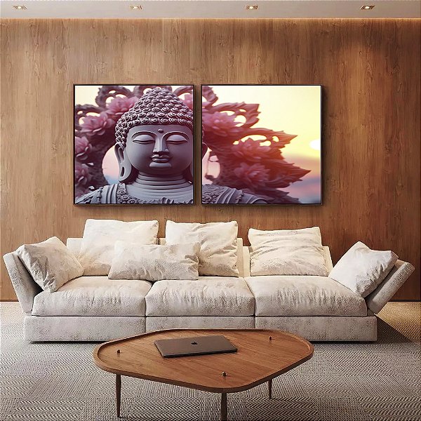 Duo de Quadros Quadrados Buda Mandala Floral e Sol Entardecer Canvas Moldura