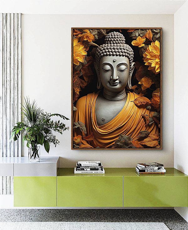 Quadro Vertical Buda Imponente Flores Amarelas Folhas Marrons Canvas Moldura