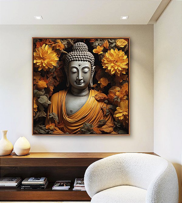 Quadro Quadrado Buda Imponente Flores Amarelas Folhas Marrons Canvas Moldura
