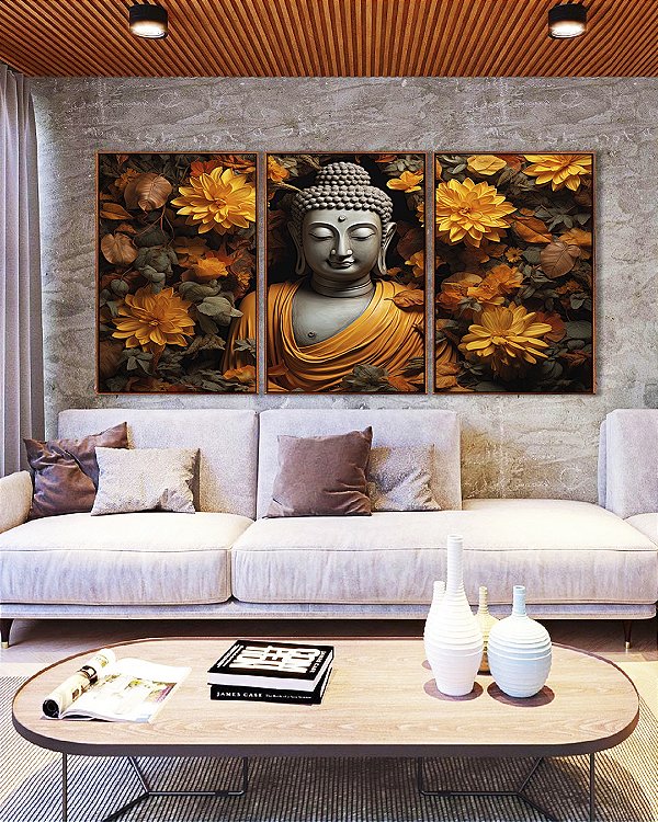 Trio de Quadros Buda Imponente Flores Amarelas Folhas Marrons Canvas Moldura