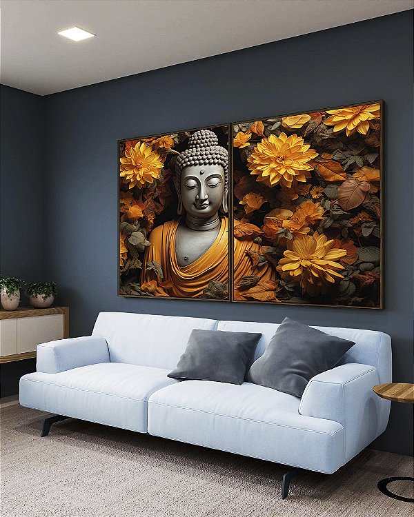 Duo de Quadros Buda Imponente Flores Amarelas Folhas Marrons Canvas Moldura