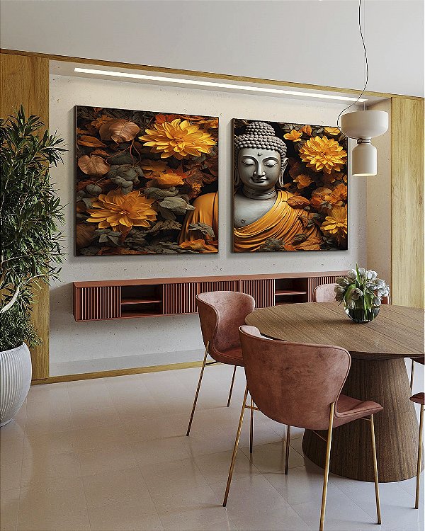 Duo de Quadros Quadrados Buda Imponente Flores Amarelas Folhas Marrons Canvas Moldura