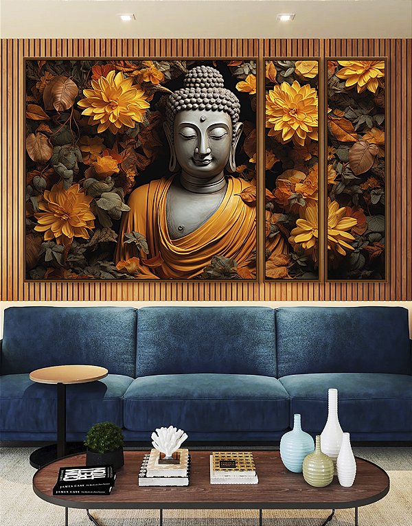 Trio de Quadros Estilizados Buda Imponente Flores Amarelas Folhas Marrons Canvas Moldura