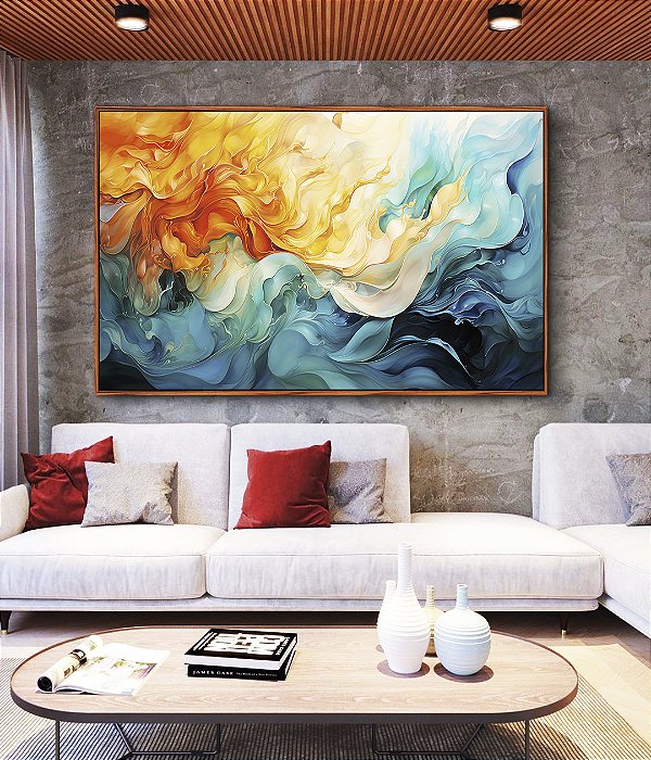 Quadro Horizontal Abstrato Amarelo Azul Turquesa Arte Fluida Pouring Canvas Moldura