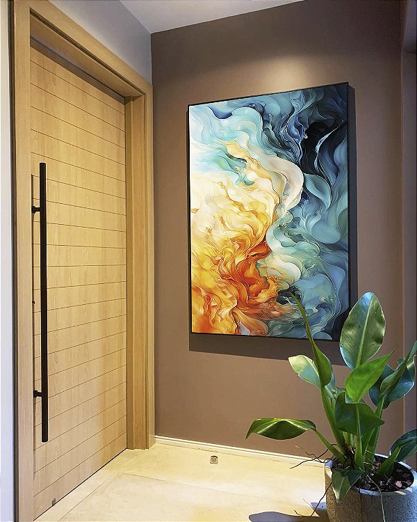 Quadro Vertical Abstrato Amarelo Azul Turquesa Arte Fluida Pouring Canvas Moldura