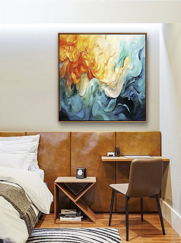 Quadro Quadrado Abstrato Amarelo Azul Turquesa Arte Fluida Pouring Canvas Moldura