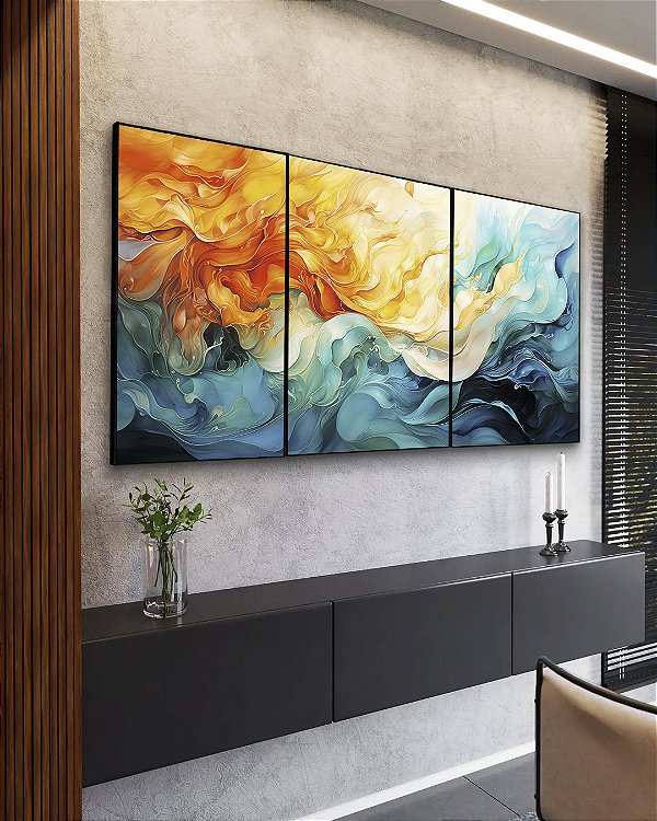 Trio de Quadros Abstrato Amarelo Azul Turquesa Arte Fluida Pouring Canvas Moldura