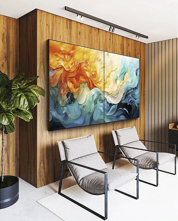 Duo de Quadros Abstrato Amarelo Azul Turquesa Arte Fluida Pouring Canvas Moldura