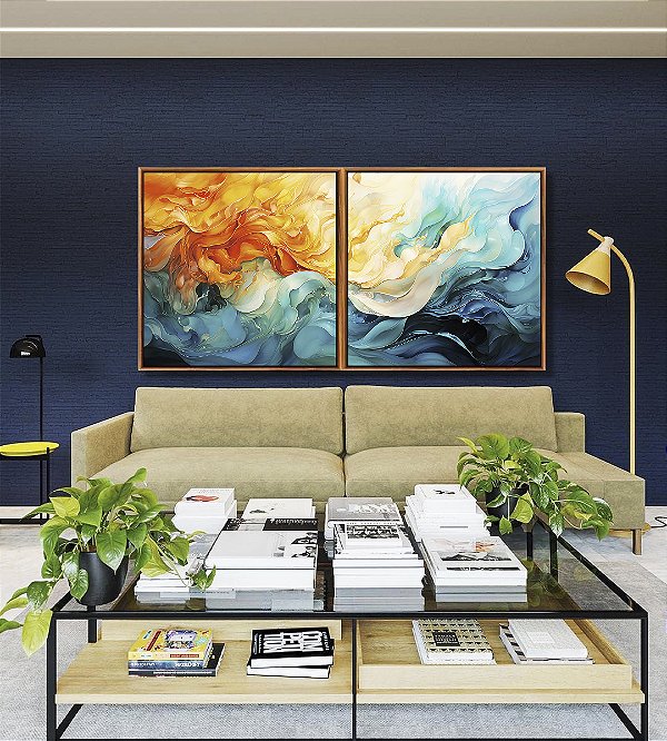 Duo de Quadros Quadrados Abstrato Amarelo Azul Turquesa Arte Fluida Pouring Canvas Moldura