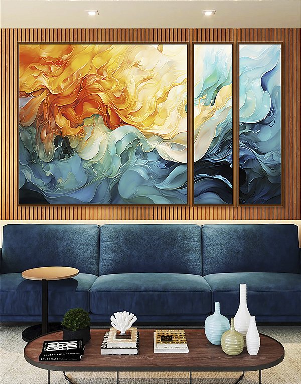 Trio de Quadros Estilizados Abstrato Amarelo Azul Turquesa Arte Fluida Pouring Canvas Moldura