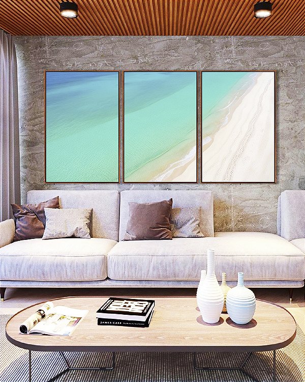 Trio de Quadros Mar Turquesa Cristalino Paradisíaco Areia Branca Canvas Moldura