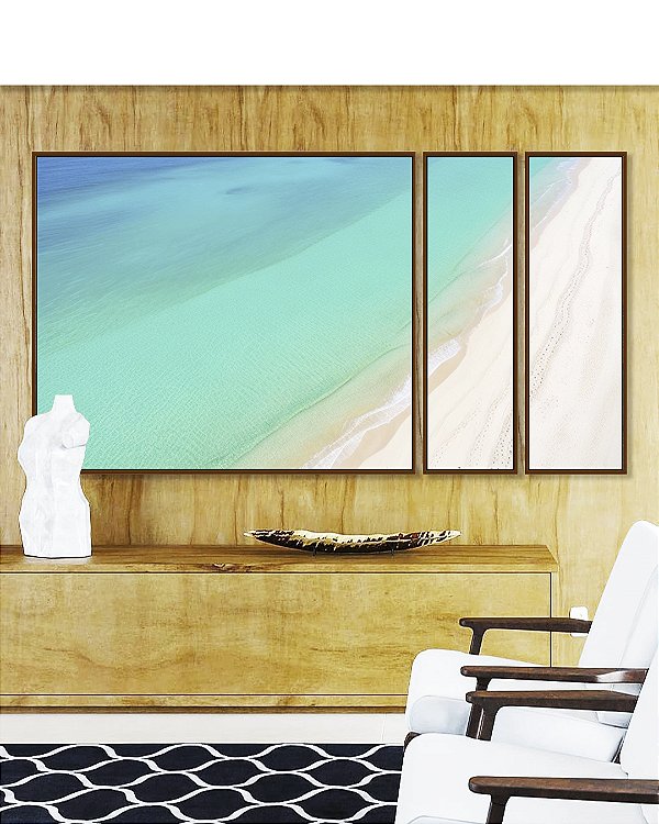 Trio de Quadros Estilizados Mar Turquesa Cristalino Paradisíaco Areia Branca Canvas Moldura