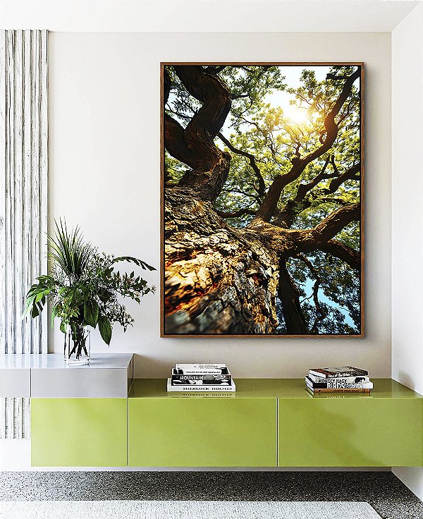 Quadro Vertical Árvore Folhas Verdes Céu Azul Turquesa Canvas Moldura