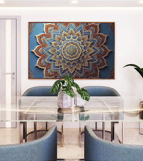 Quadro Horizontal Mandala Floral Azul Dourado Laranja Telha Canvas Moldura