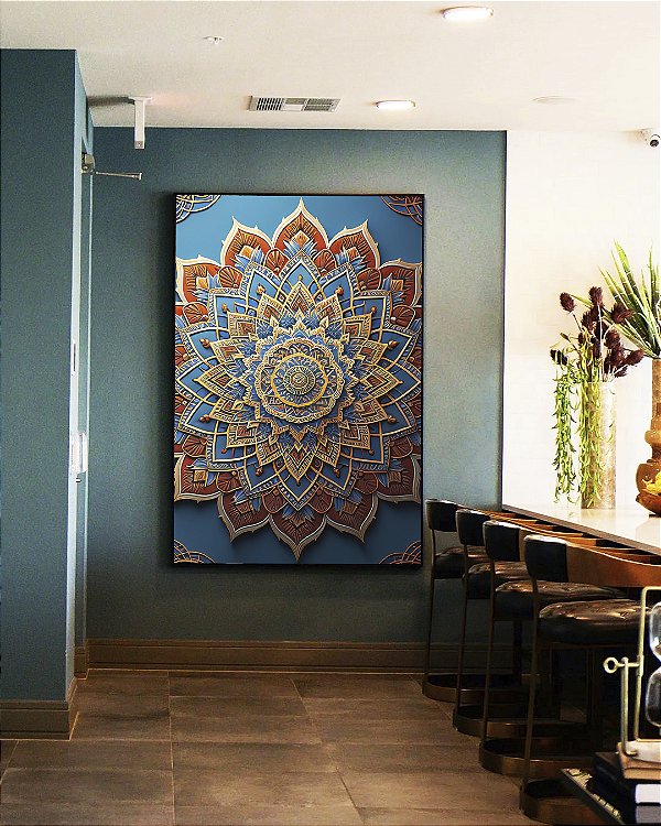 Quadro Vertical Mandala Floral Azul Dourado Laranja Telha Canvas Moldura
