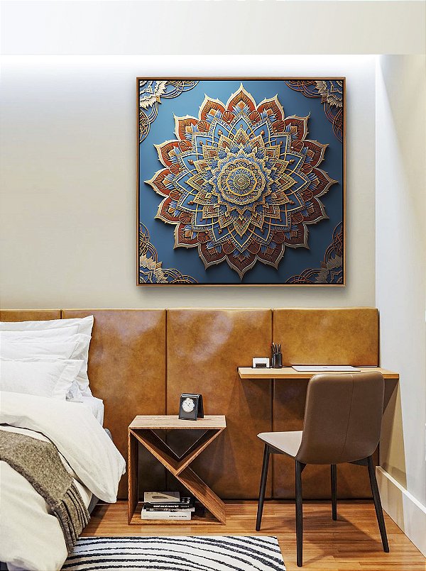 Quadro Quadrado Mandala Floral Azul Dourado Laranja Telha Canvas Moldura