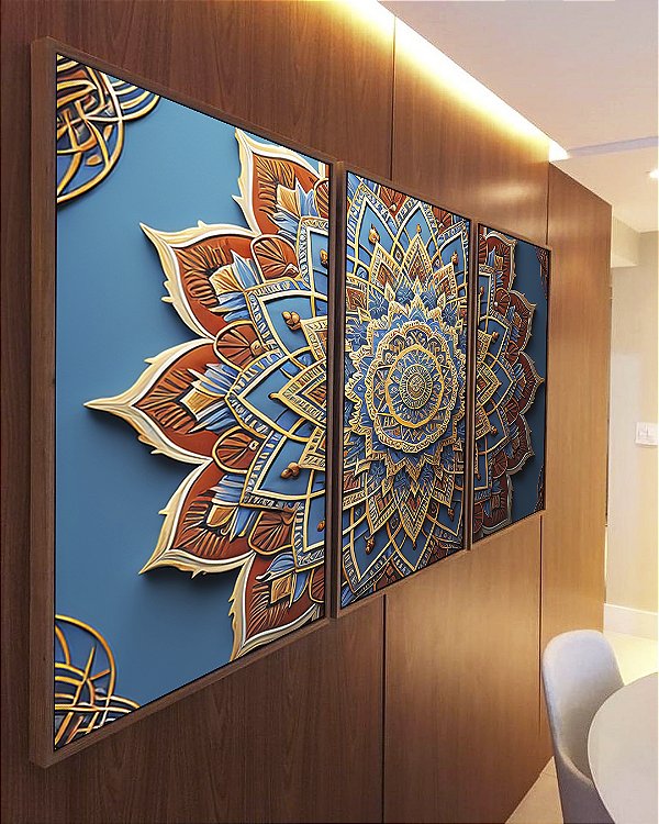 Trio de Quadros Mandala Floral Azul Dourado Laranja Telha Canvas Moldura