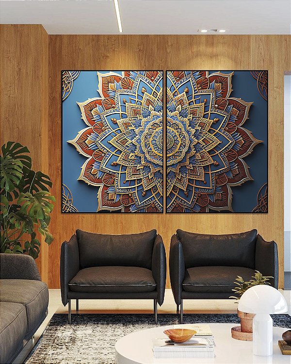 Duo de Quadros Mandala Floral Azul Dourado Laranja Telha Canvas Moldura