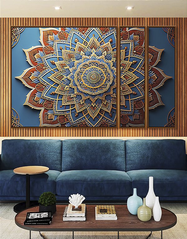 Trio de Quadros Estilizados Mandala Floral Azul Dourado Laranja Telha Canvas Moldura