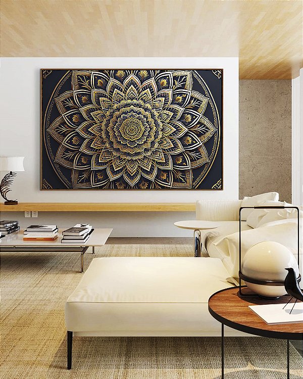 Quadro Horizontal Mandala Floral Dourado Cinza Preto Canvas Moldura