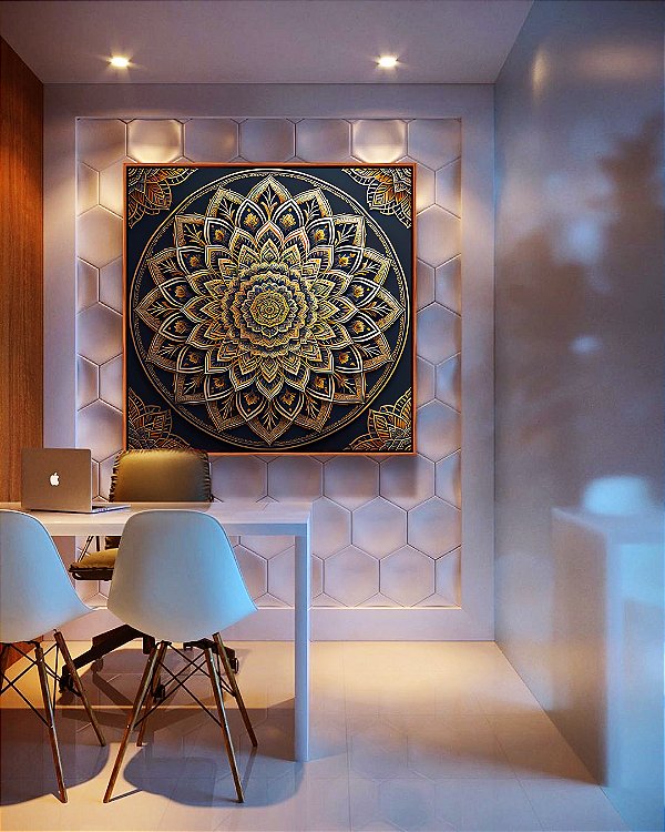 Quadro Quadrado Mandala Floral Dourado Cinza Preto Canvas Moldura