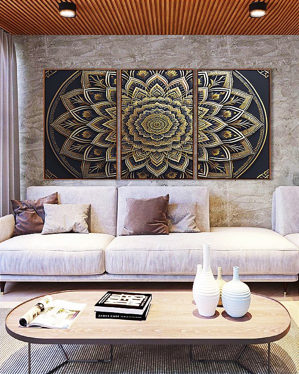 Trio de Quadros Mandala Floral Dourado Cinza Preto Canvas Moldura