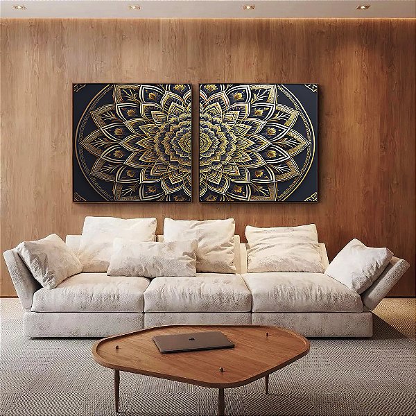 Duo de Quadros Quadrados Mandala Floral Dourado Cinza Preto Canvas Moldura