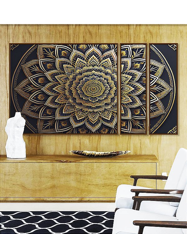 Trio de Quadros Estilizados Mandala Floral Dourado Cinza Preto Canvas Moldura