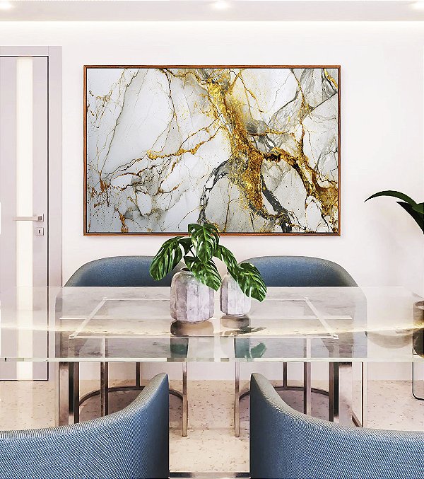 Quadro Horizontal Arte fluida Abstrato Branco Dourado Cinza Canvas Moldura