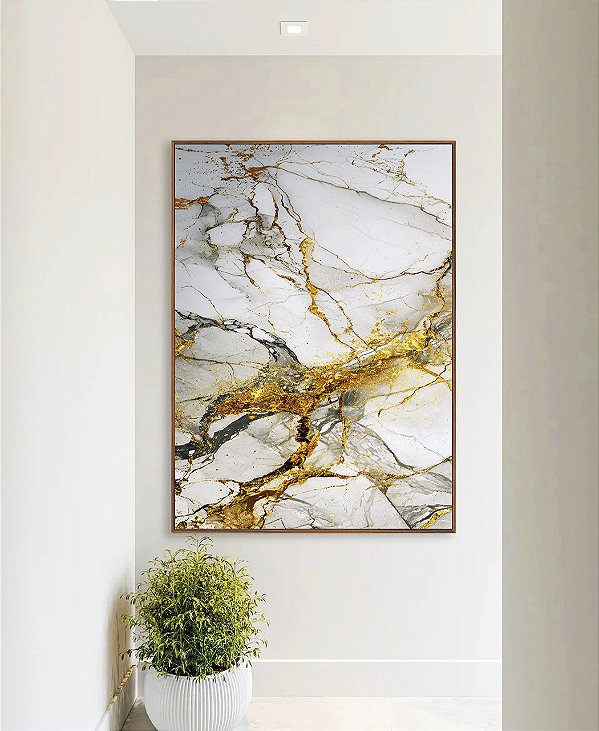 Quadro Vertical Arte fluida Abstrato Branco Dourado Cinza Canvas Moldura