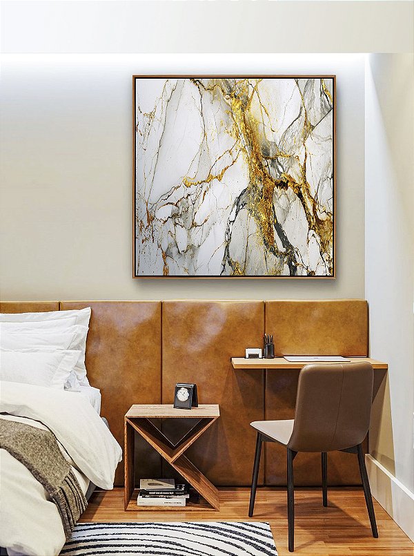 Quadro Quadrado Arte fluida Abstrato Branco Dourado Cinza Canvas Moldura