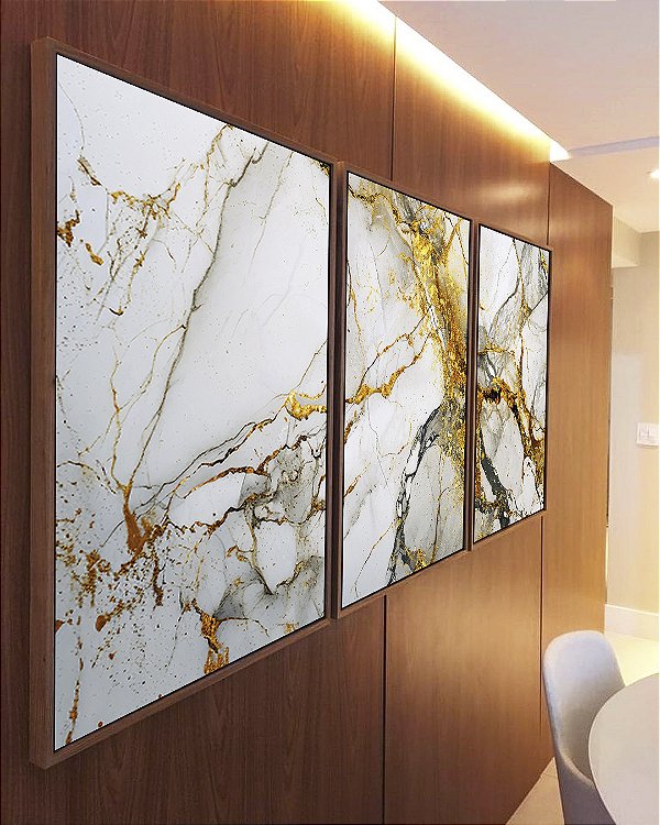 Trio de Quadros Arte fluida Abstrato Branco Dourado Cinza Canvas Moldura