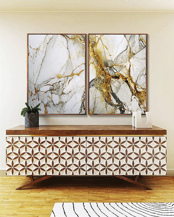 Duo de Quadros Arte fluida Abstrato Branco Dourado Cinza Canvas Moldura