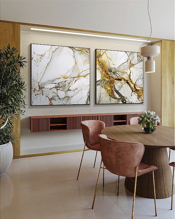 Duo de Quadros Quadrados Arte fluida Abstrato Branco Dourado Cinza Canvas Moldura