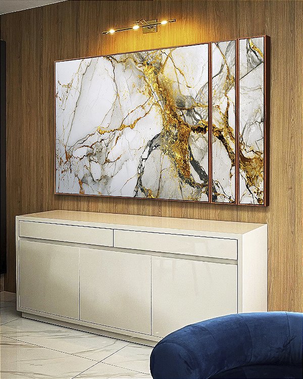Trio de Quadros Estilizados Arte fluida Abstrato Branco Dourado Cinza Canvas Moldura