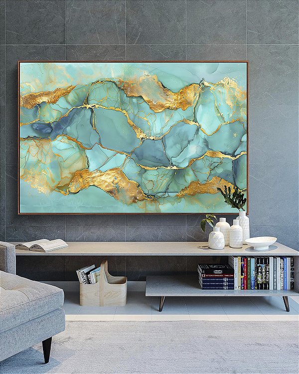 Quadro Horizontal Efeito Mármore Abstrato Verde Turquesa Dourado Canvas Moldura