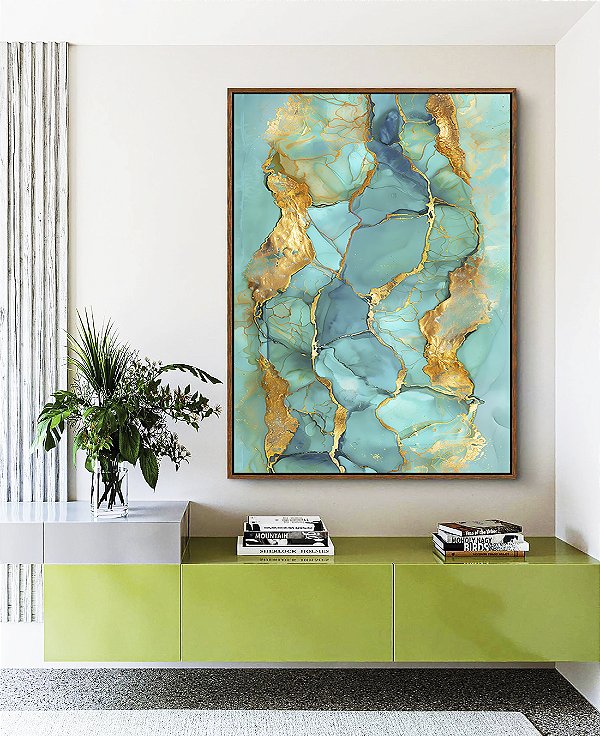 Quadro Vertical Efeito Mármore Abstrato Verde Turquesa Dourado Canvas Moldura
