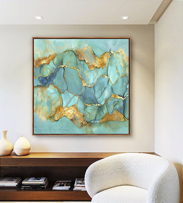 Quadro Quadrado Efeito Mármore Abstrato Verde Turquesa Dourado Canvas Moldura