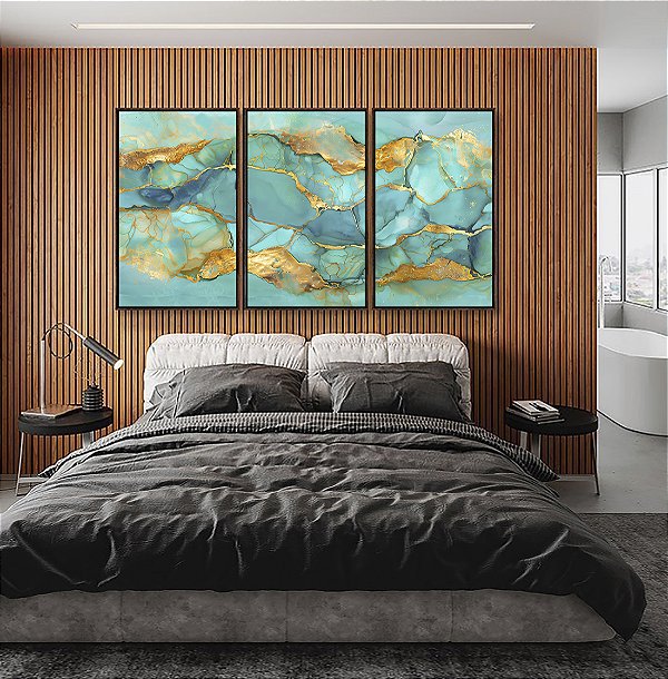Trio de Quadros Efeito Mármore Abstrato Verde Turquesa Dourado Canvas Moldura
